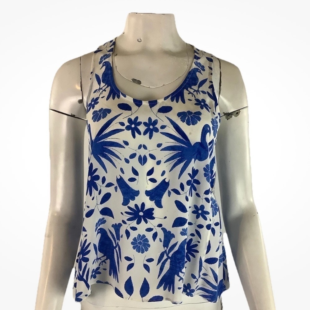 Joie Sz XS 100% Silk Bird Floral Print Tank Top Blue White Lightweight Pullon
